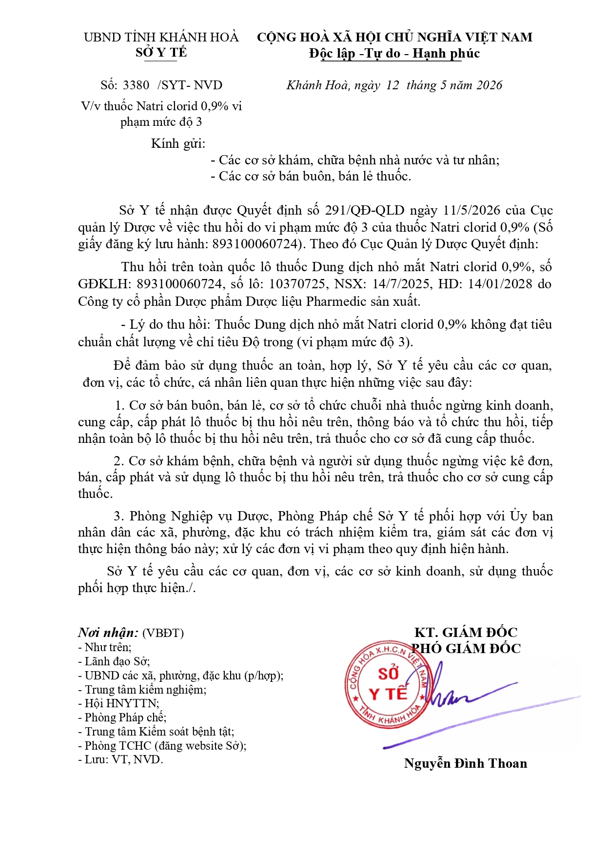 V/v thuốc Natri clorid 0,9% vi phạm mức độ 3